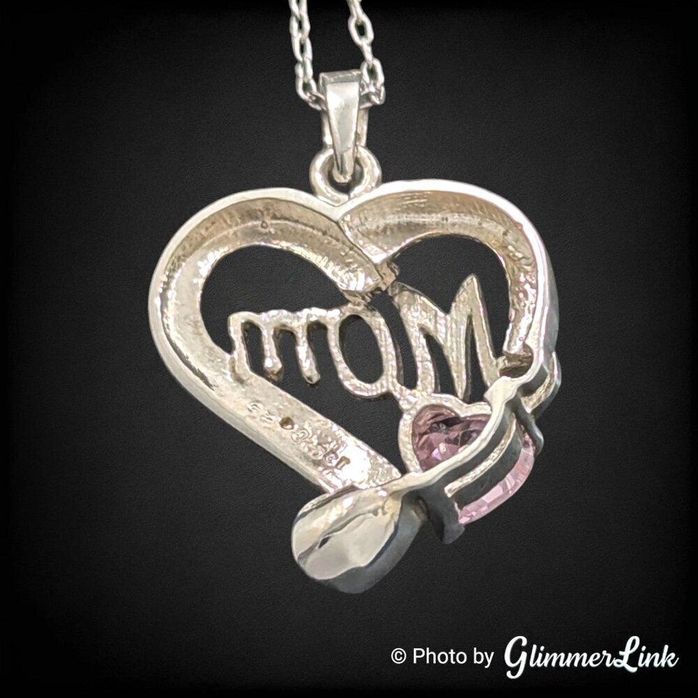 Dainty Pink CZ Mom Heart October Birthstone 925 Sterling Silver Pendant Necklace - Picture 8 of 12